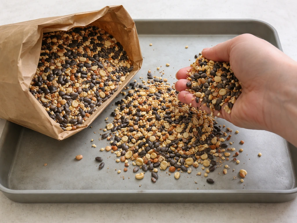 Top-down view of an open wild bird seed bag with a hand spilling mixed seed types onto a tray.