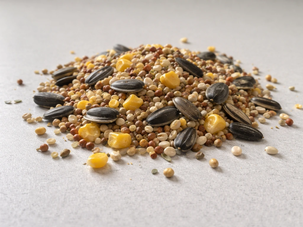 Handful of wild bird seed showing mixed sunflower seeds, millet, and cracked corn on a table