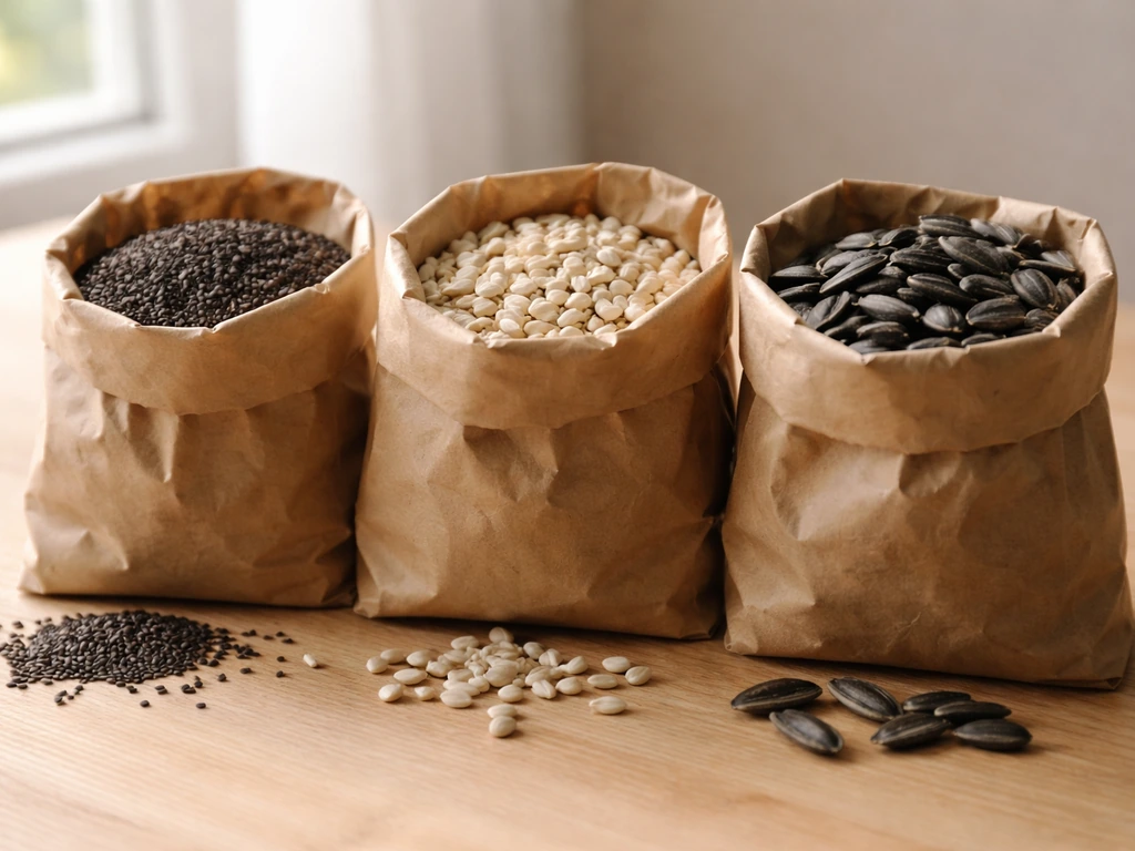 Close-up of three separate bags of birdseed showing different seed textures and colors.