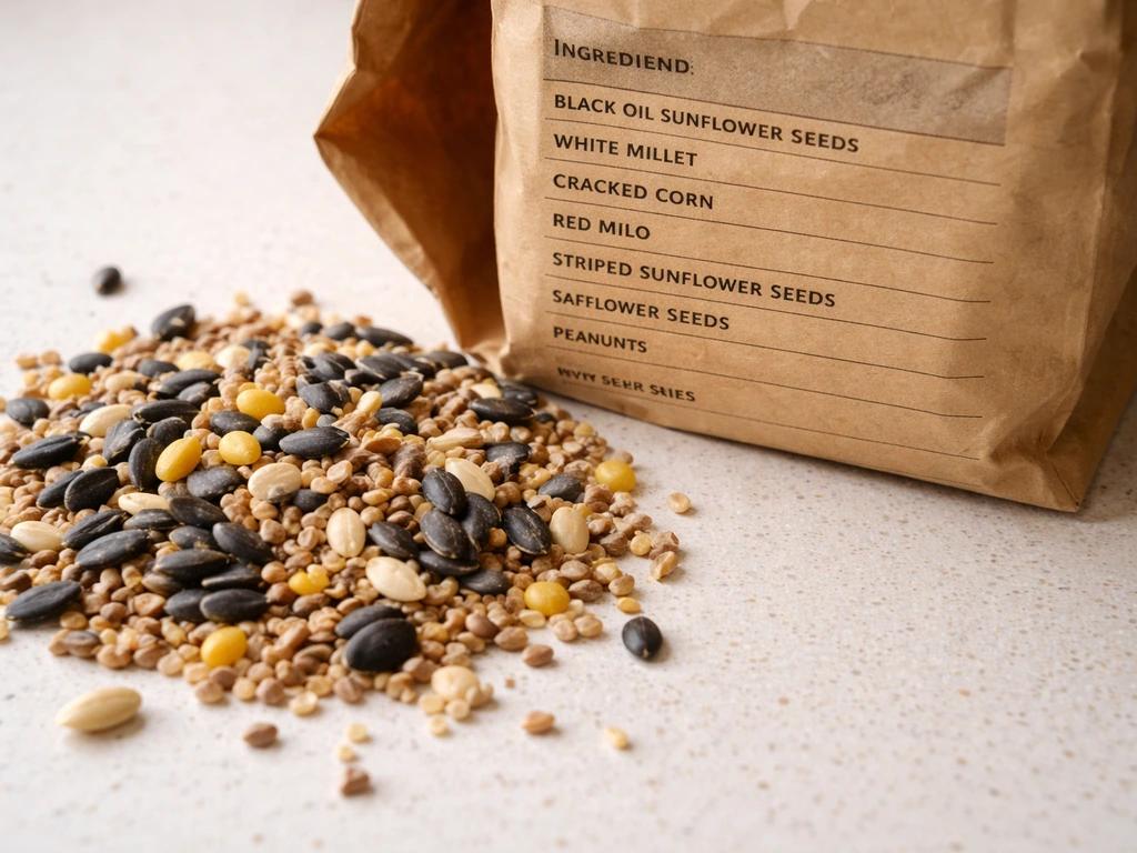 Bird seed bag ingredient list laid flat on a kitchen counter beside seed pieces