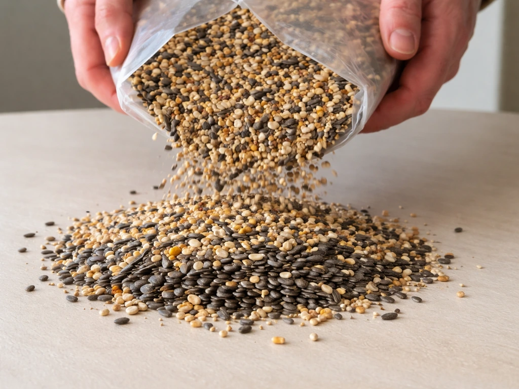 Bird seed being tipped onto a clean table, showing heavier seeds settling lower than lighter ones.
