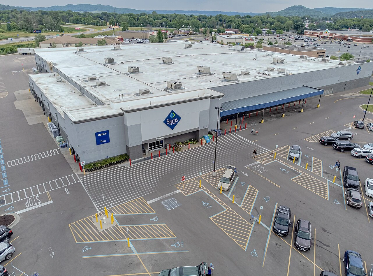 Aerial view of a Sam's Club warehouse store and parking lot