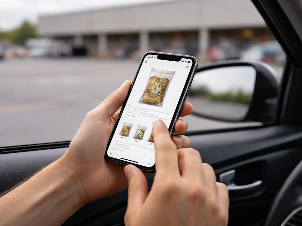 Person using a phone to check samsclub.com availability for bird seed at a Sam’s Club.