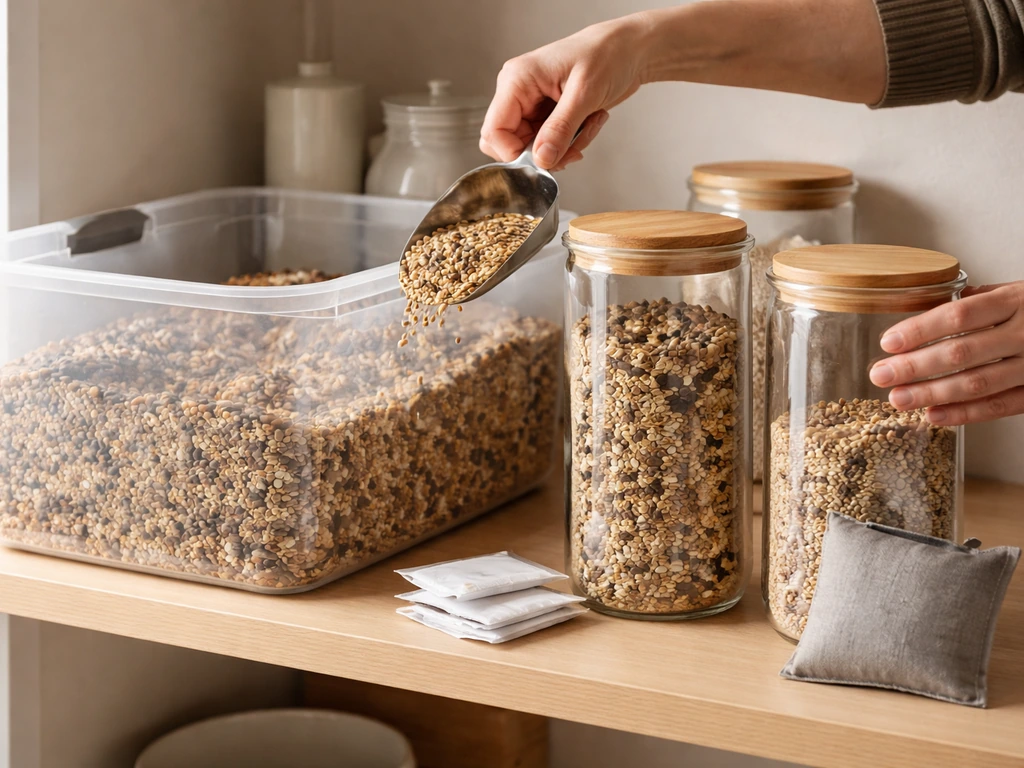 Bulk bird seed transferred into airtight containers beside an open pantry for mold and pest prevention