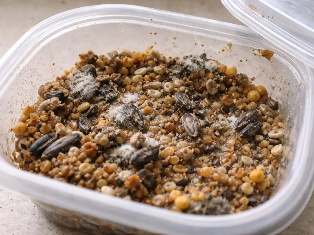 Clumped bird seed with dark discoloration and a bit of fuzzy mold in a plastic container.