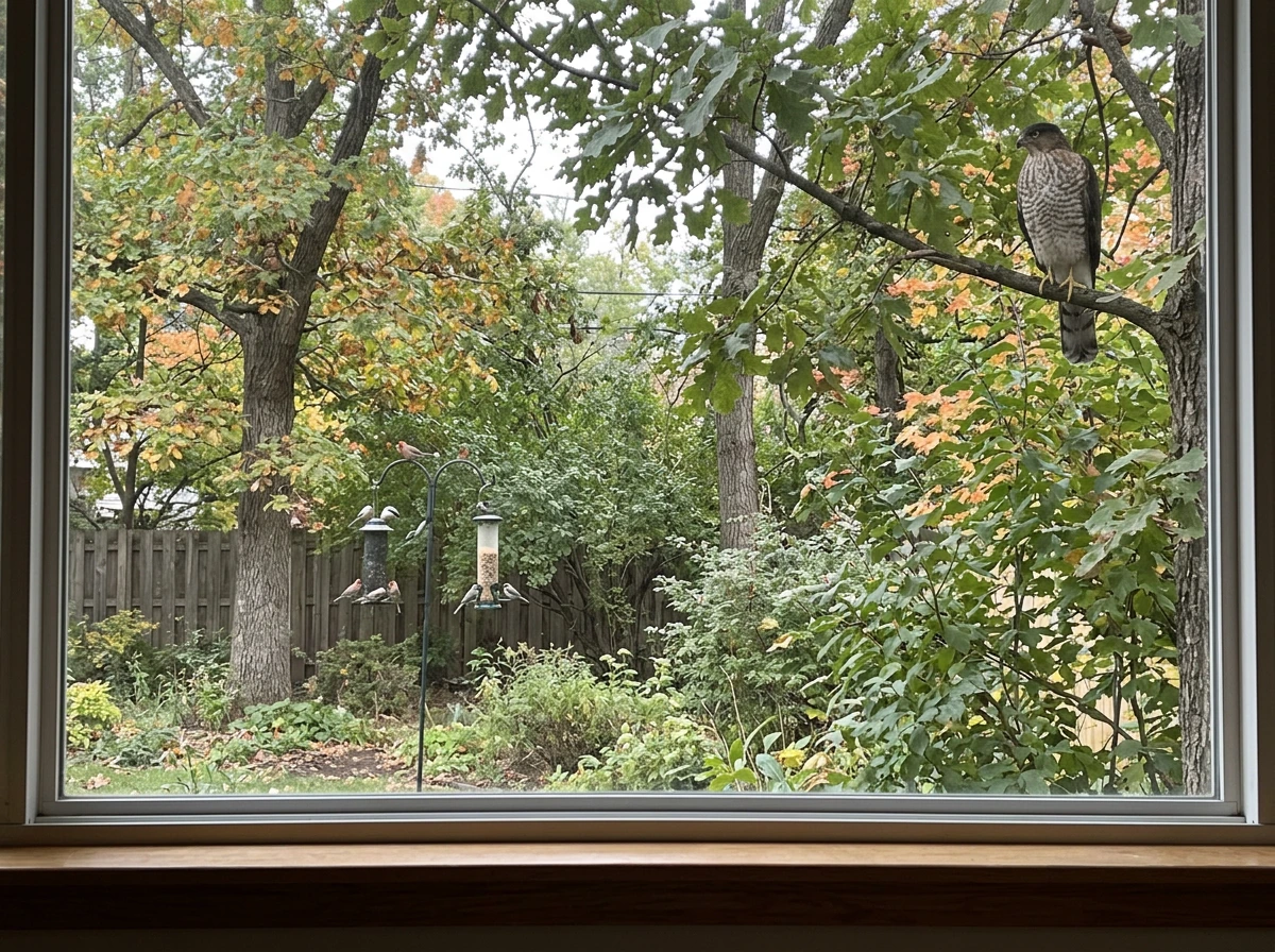 Cooper’s hawk perched near a backyard feeder, watching small birds