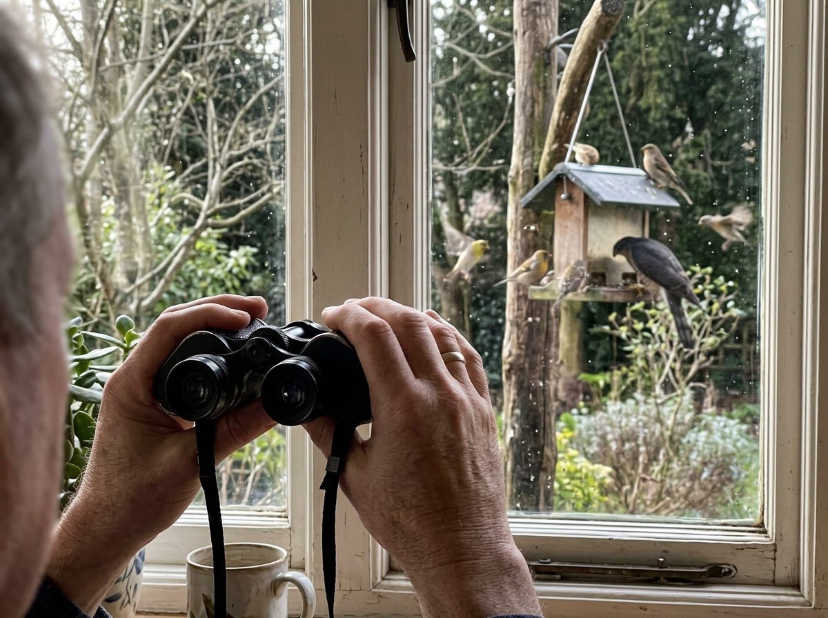 Looking out a window with binoculars to identify yard visitors