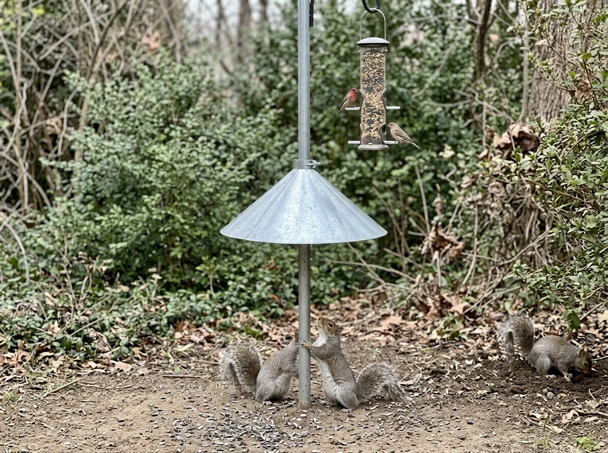 Squirrel baffle on a feeder pole to reduce seed scatter
