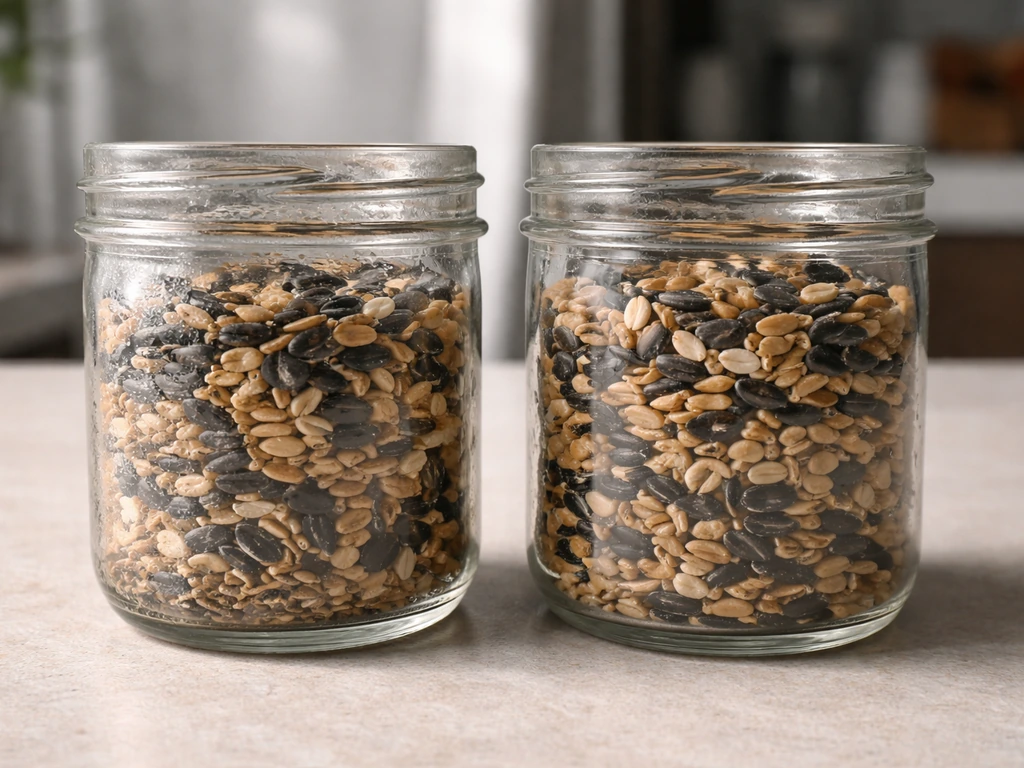 Two side-by-side jars of bird seed, one showing stopped insect activity and one clean after freezing.