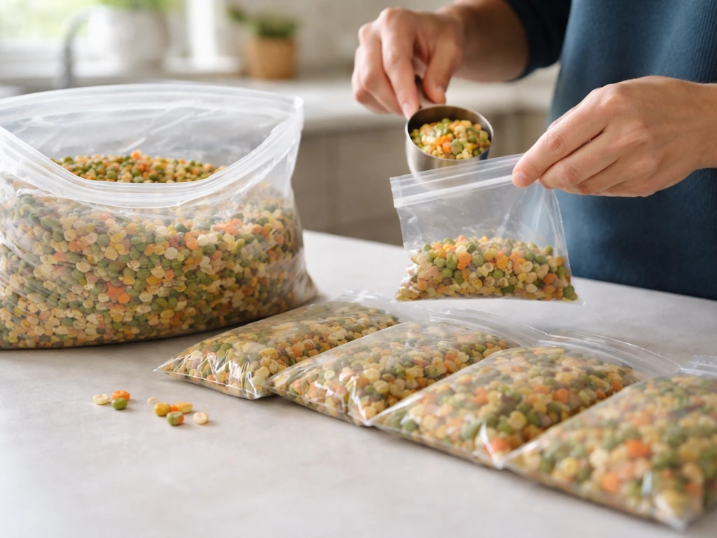 Small pre-portioned freezer bags lined up from a larger bag of seeds on a kitchen counter.