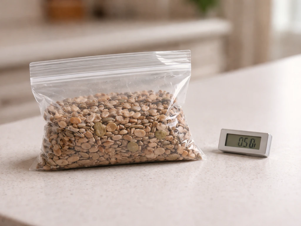 Sealed seed bag thawing at room temperature on a countertop with condensation-free setup and thermometer nearby.