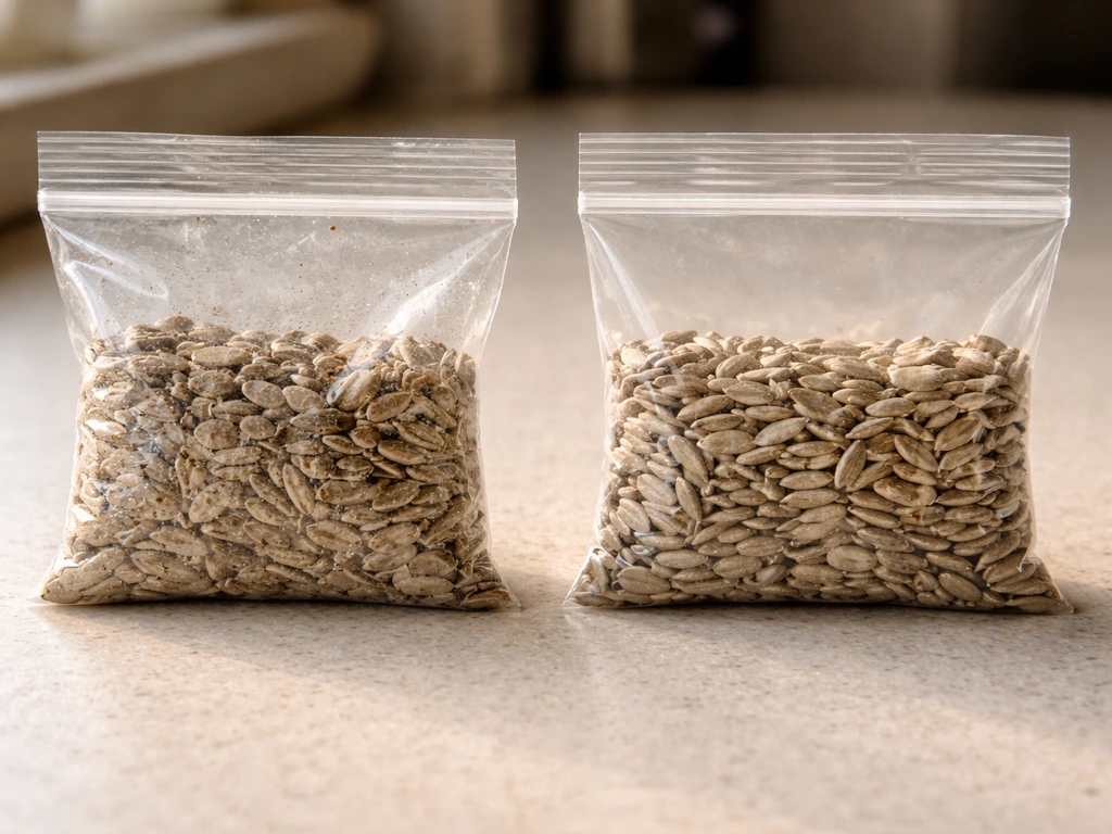 Close-up of clumped seed in a poorly sealed freezer bag versus dry loose seed in a sealed bag.