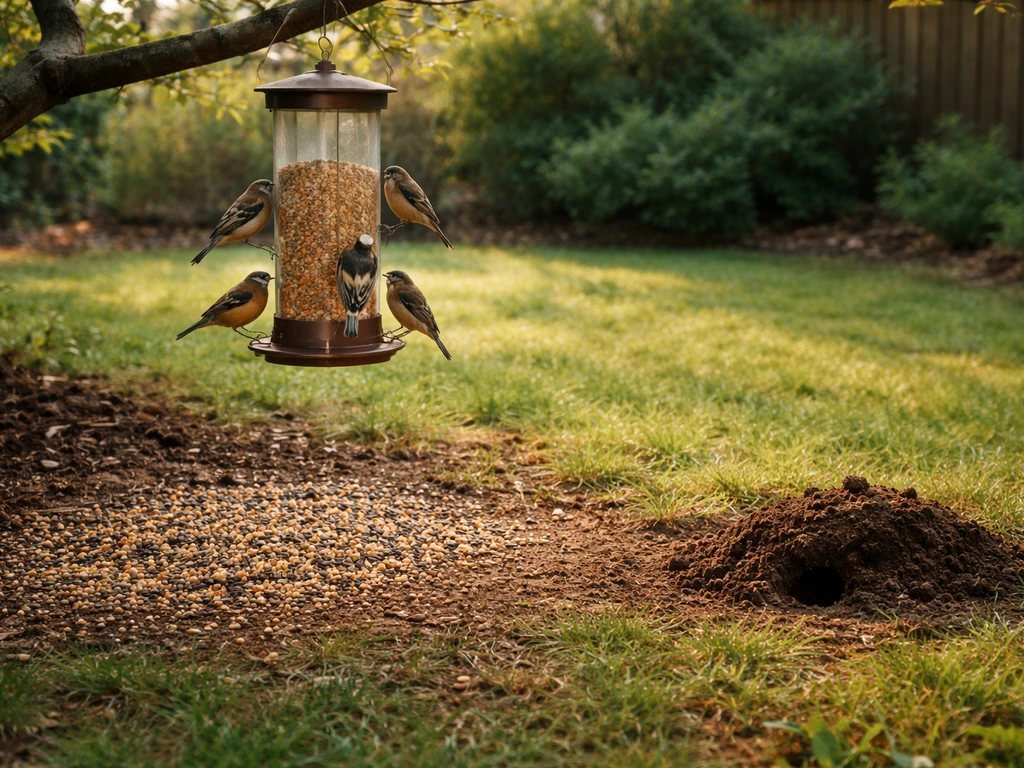 Birds at a feeder with scattered seed on the ground beside a visible mole tunnel entrance.