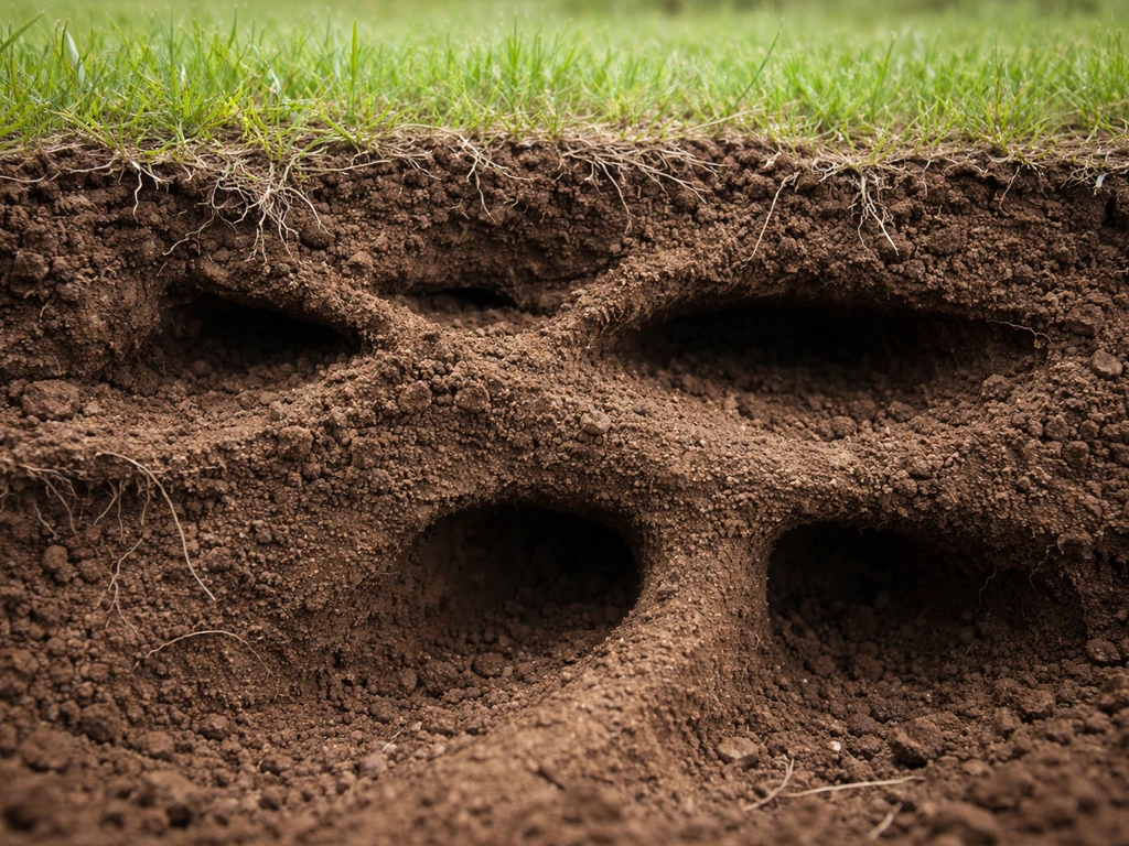 Cross-section view of a mole’s tunnel network beneath grassy ground, showing shallow foraging runs and deeper burrows.