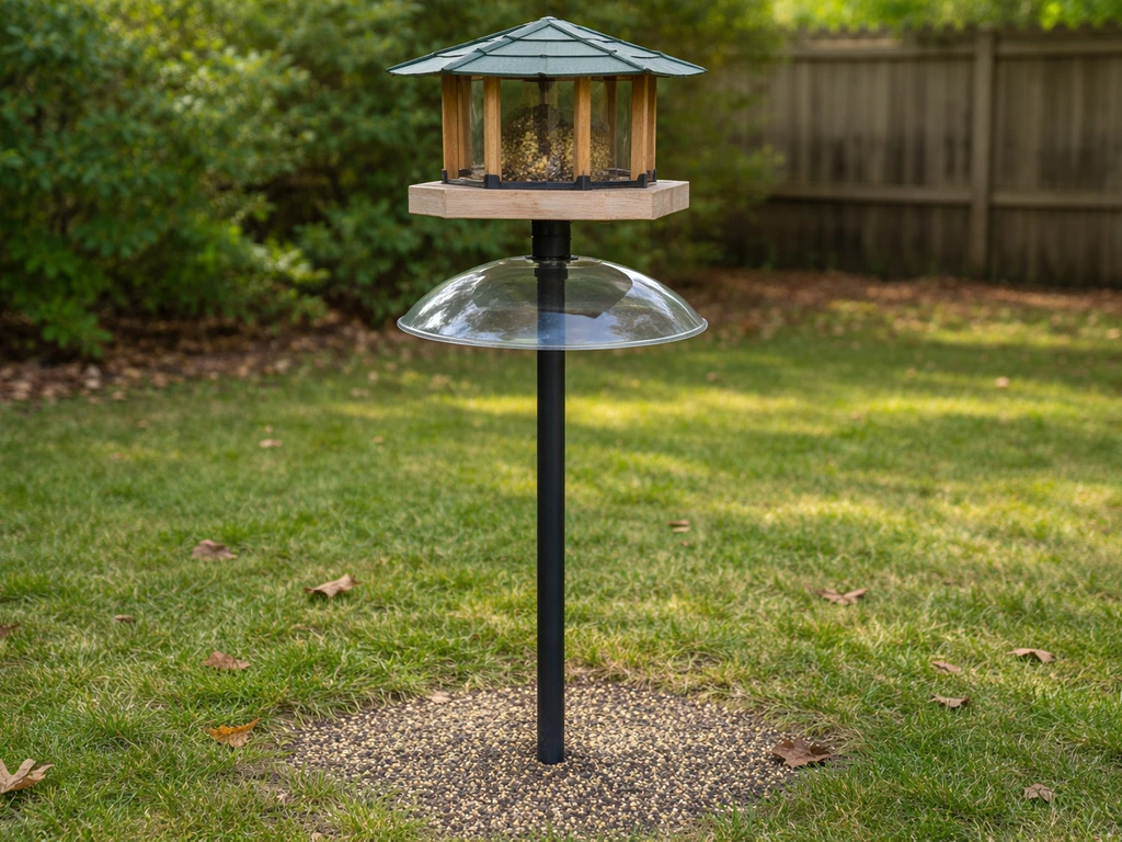Bird feeder on a pole with a baffle, preventing animals from reaching ground-level seed waste below.