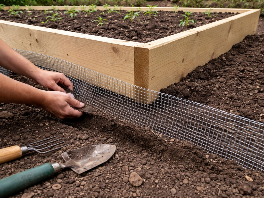 Gardener laying hardware cloth barrier buried around the perimeter of a raised garden bed.