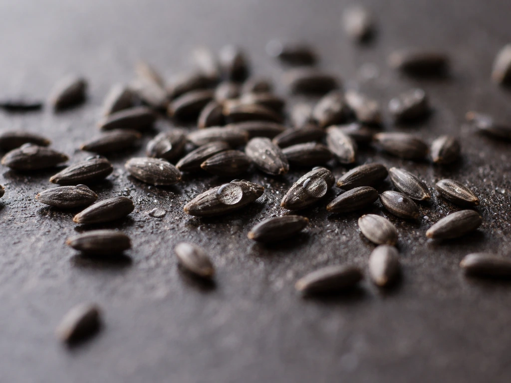 Close-up of Nyjer seed with a slight mist, showing moisture on seeds