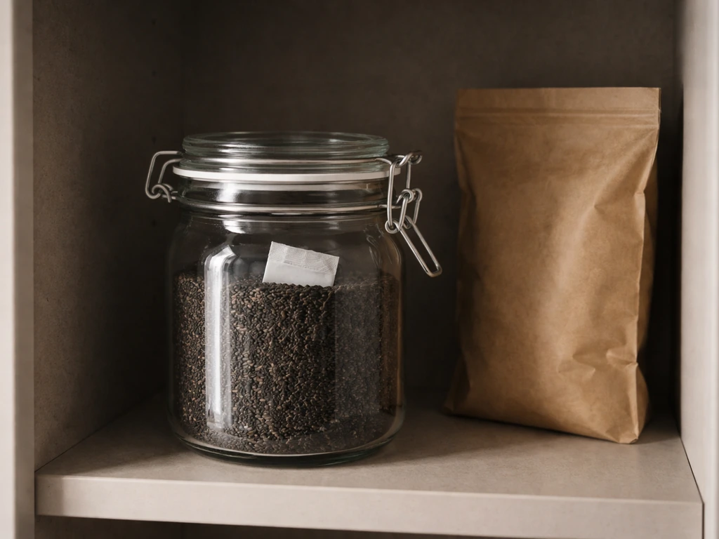 Airtight jar with desiccant in a cool, dark pantry cupboard for storing nyjer seed