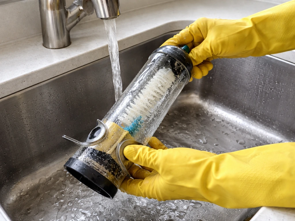Gloved hands scrubbing a bird feeder with a bottle brush under hot water after mold or sprouting