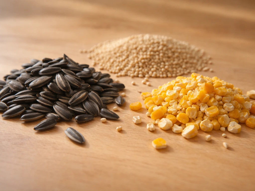 Close-up of black oil sunflower, millet, and cracked corn seeds in small piles on a table.