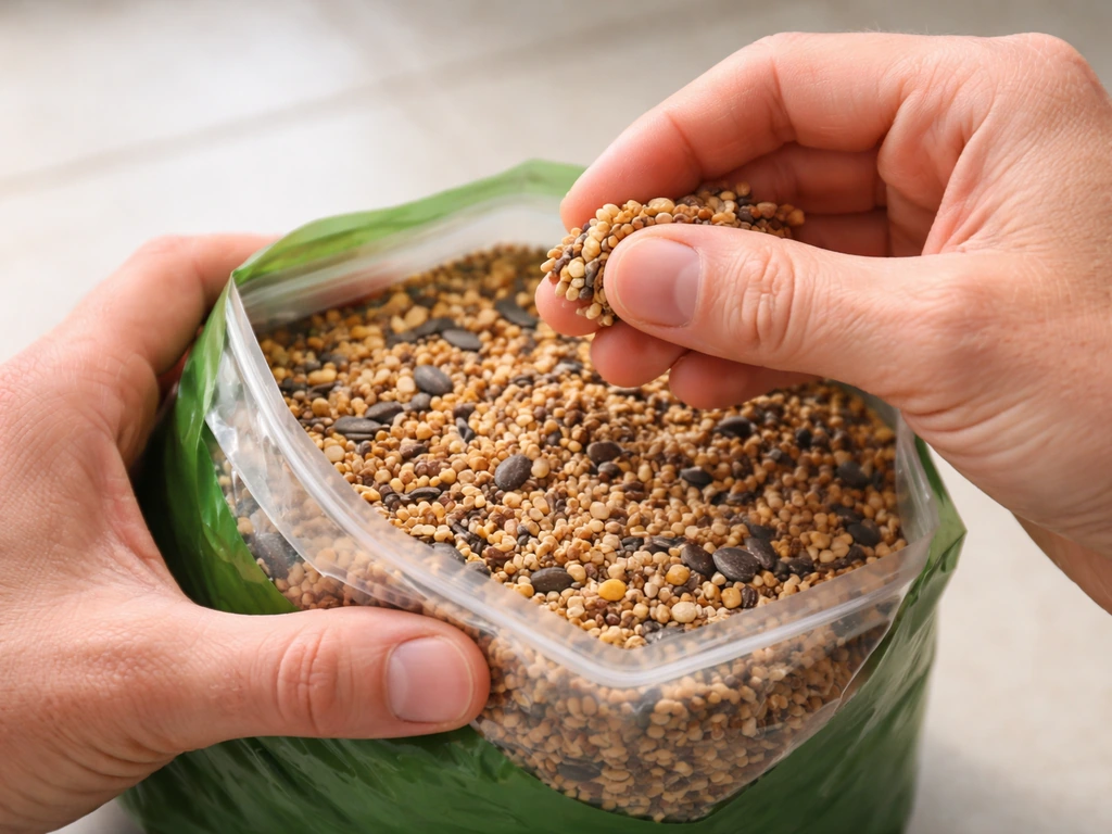 Close-up of hands inspecting bird seed texture and smell from a new bag under natural light.