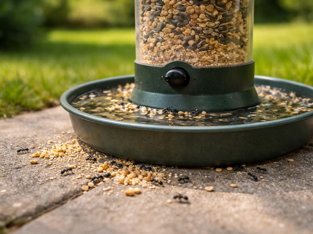 Bird feeder with bird seed and visible ants crawling around the feeder base in a backyard.