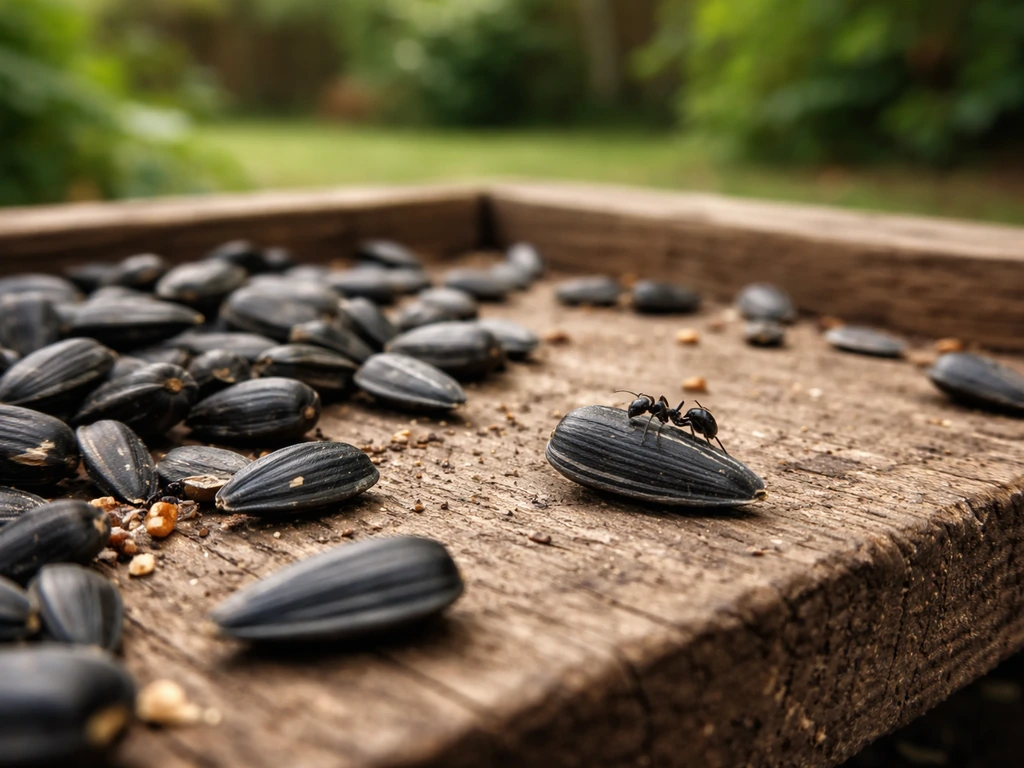 Black oil sunflower seeds scattered near a backyard bird feeder with an ant on the seed.