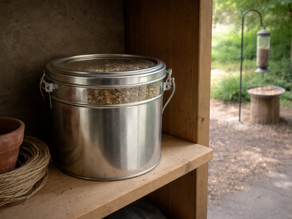 Sealed metal container of bird seed indoors beside a clean, spotless feeder area