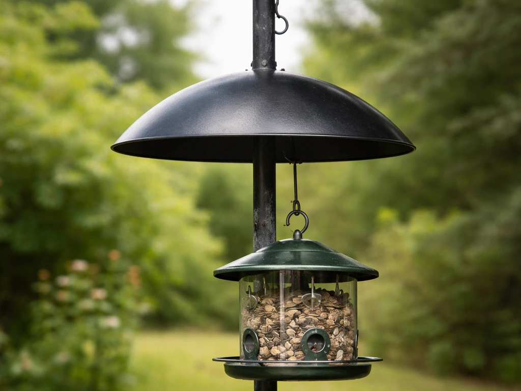Close-up of a hanging bird feeder with a dome baffle on the pole blocking ants from climbing