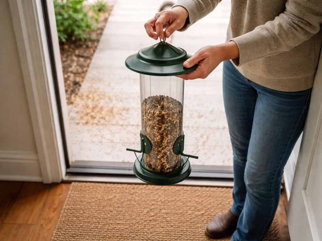 Hands bring a bird feeder indoors while old seed sits outside on a porch step.