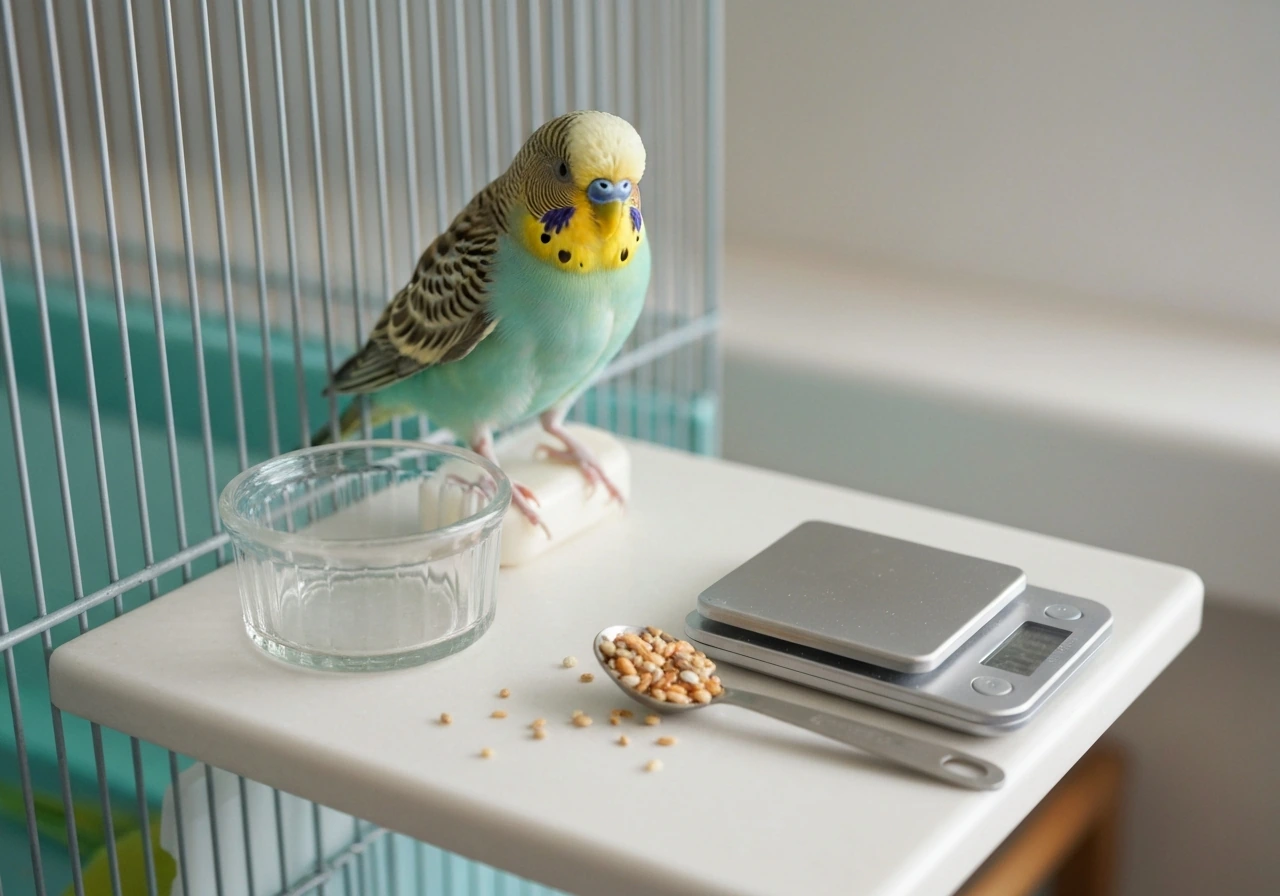 Budgie perched near a measured spoon and small seed portion beside its cage.