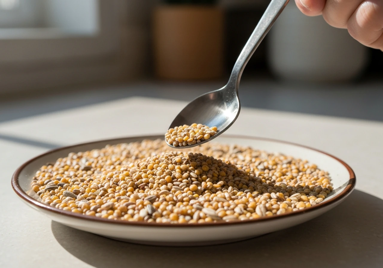 Close-up of a teaspoon measuring dry budgie seed portion in a small dish, outdoors natural light