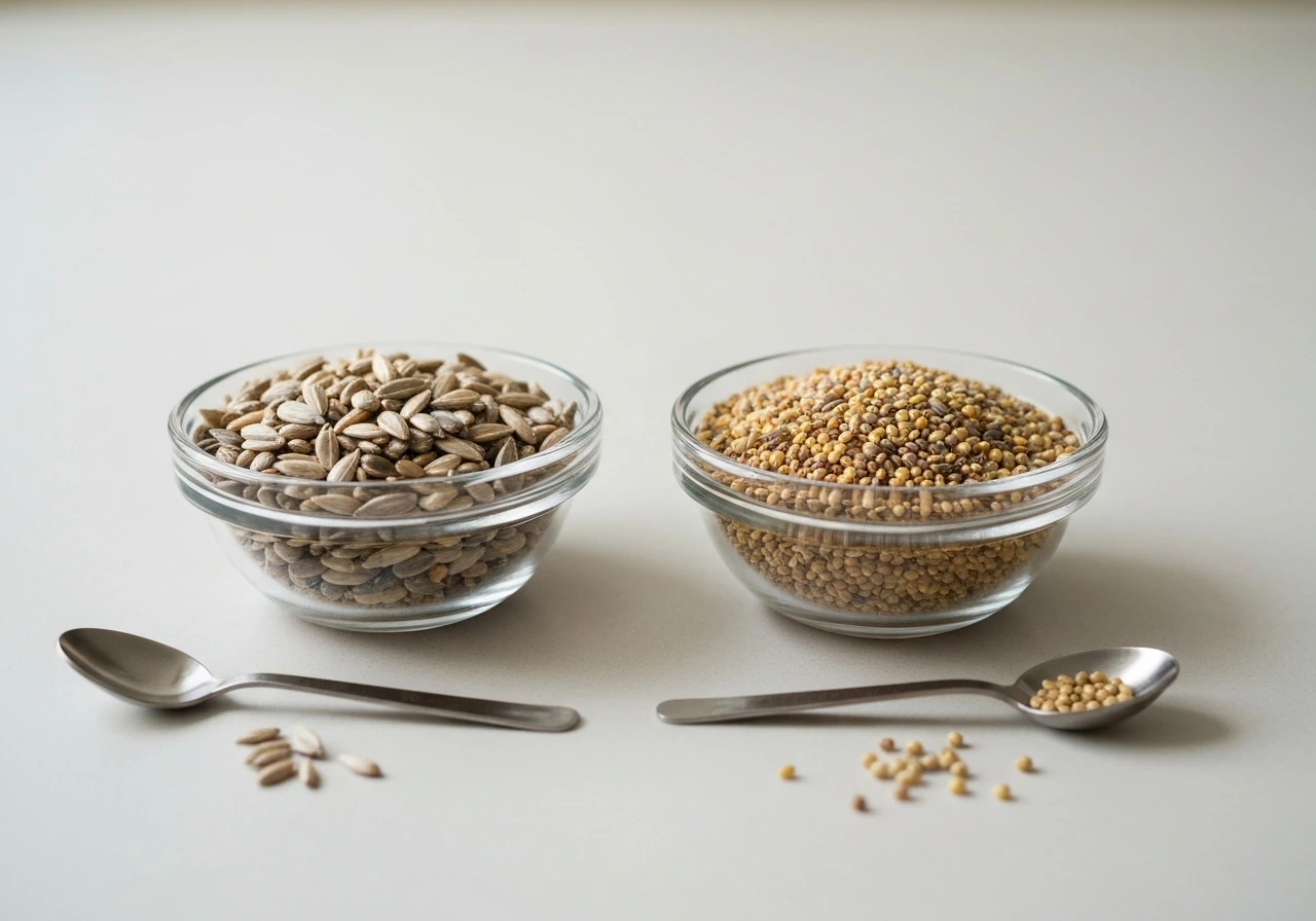 Two bowls of different bird seed mixes with teaspoons showing different portions on a kitchen counter