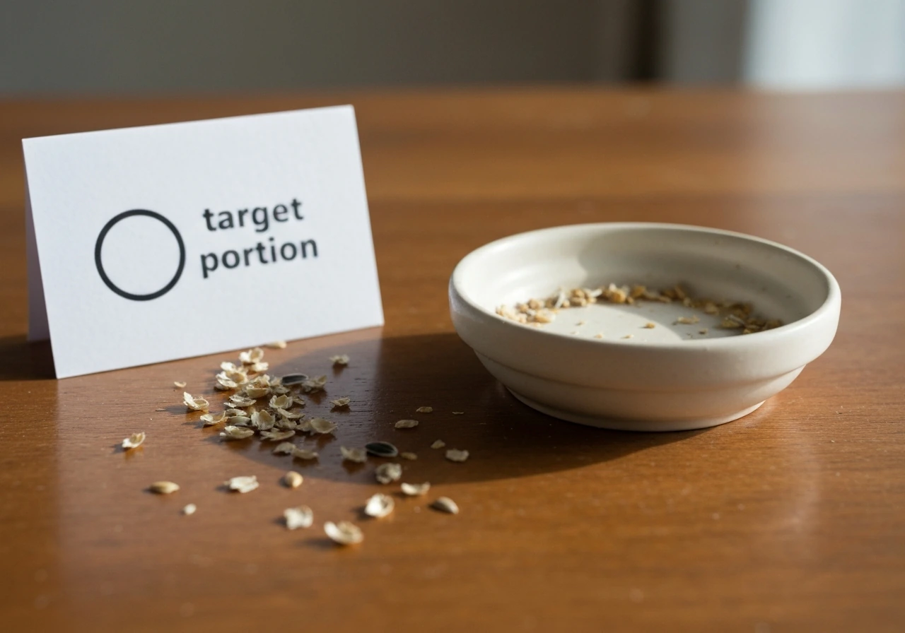 Ceramic seed dish with seed hulls and a blank target portion card on a wooden table.
