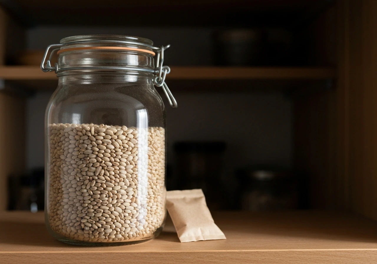 A sealed glass jar filled with dry seeds in a cool, dim pantry shelf, with a desiccant sachet nearby.