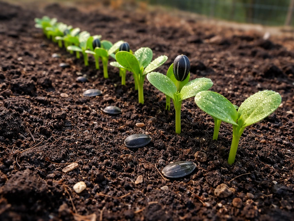 Young black oil sunflower seedlings sprouting from bird seeds in a neat row in dark soil.