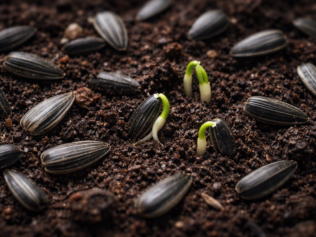 Close-up of black oil sunflower seeds with a few sprouts emerging from dark soil