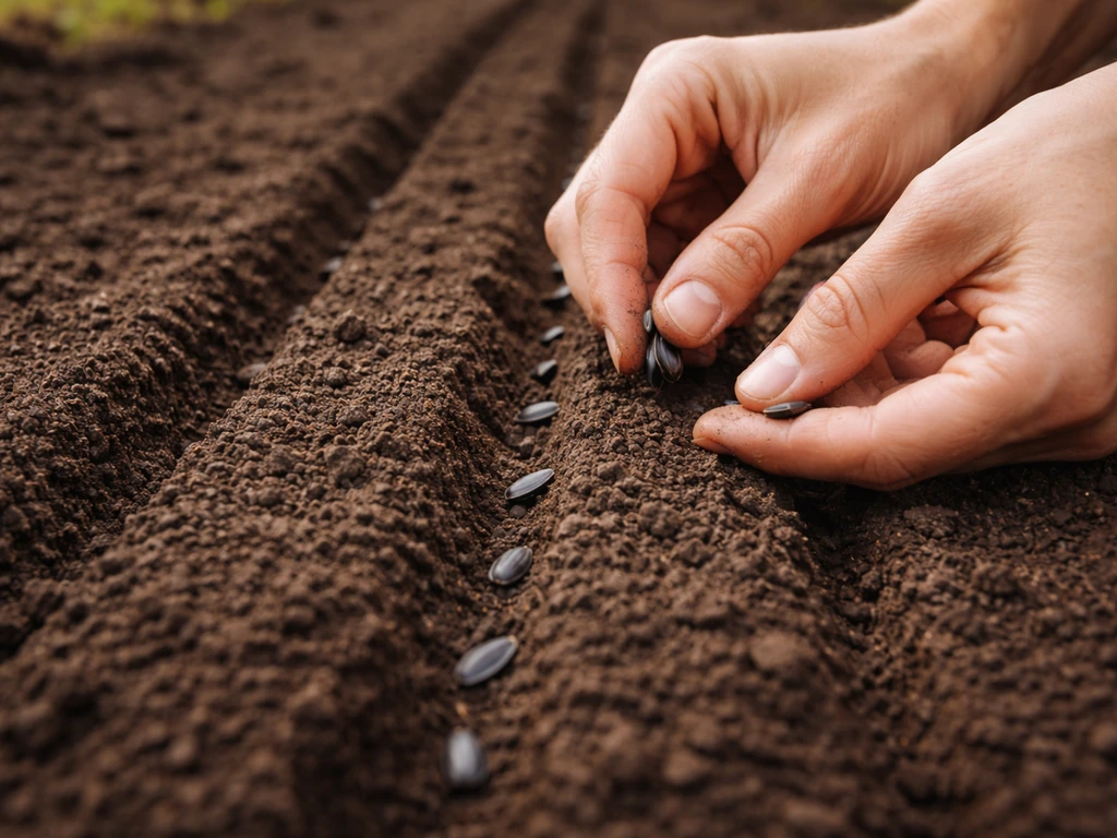 Hands placing black oil sunflower seeds into warm prepared soil rows