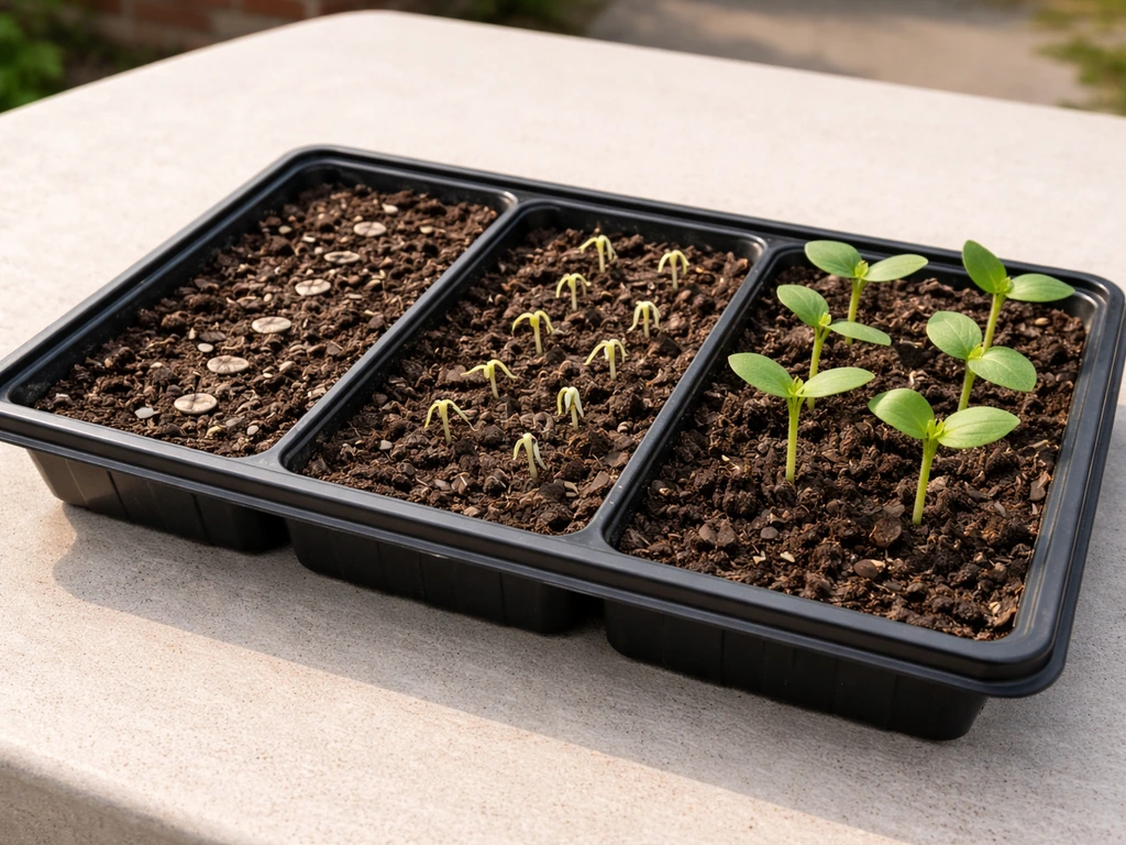 Sunflower seed tray showing seeds just planted, sprouts emerging, and small seedlings in different sections.