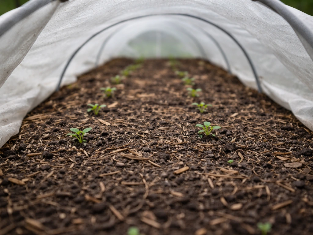 Mulched covered seedbed with small healthy seedlings emerging in the background