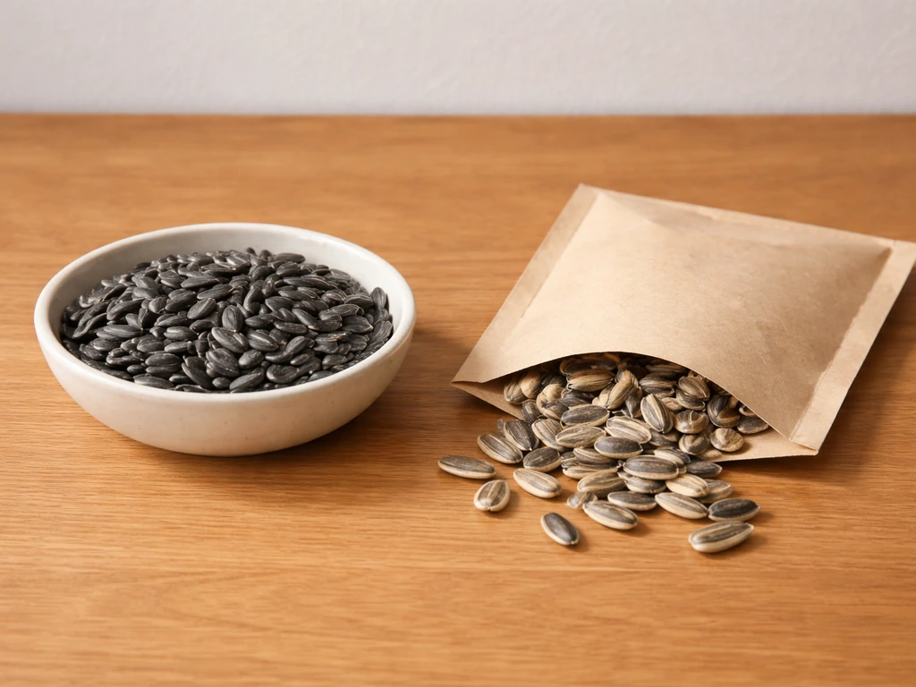Black oil sunflower seeds in a small bowl beside a garden sunflower seed packet on a wooden table.