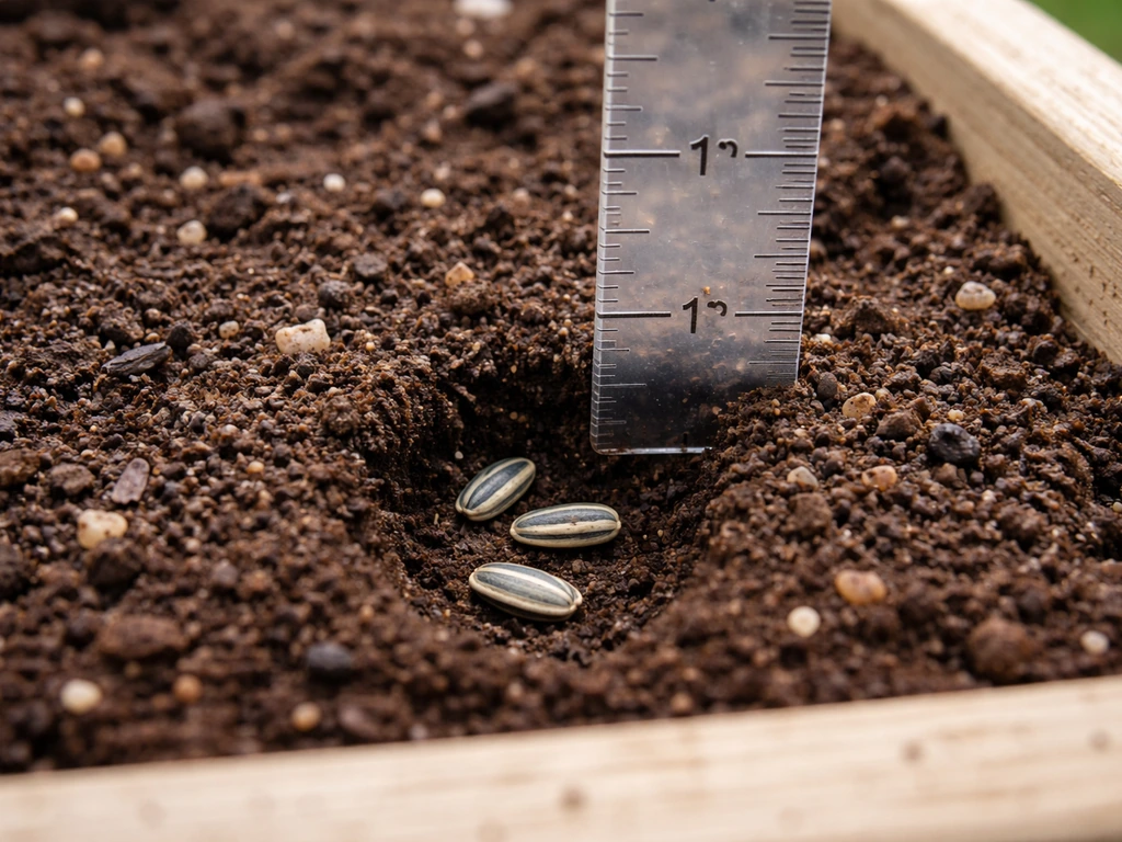 Ruler marks 1–2 inches beside a soil bed with sunflower seeds being planted at the right depth.