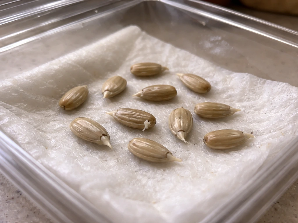 10 sunflower kernels on a damp paper towel in a clear container, with a few starting to sprout roots.