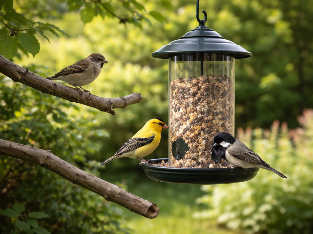 Three small songbirds feeding at a backyard feeder with nearby branches and shrubs in view.