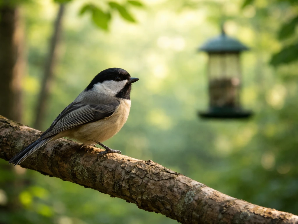 Small bird perched on a branch, scanning toward a distant feeder through leaves.