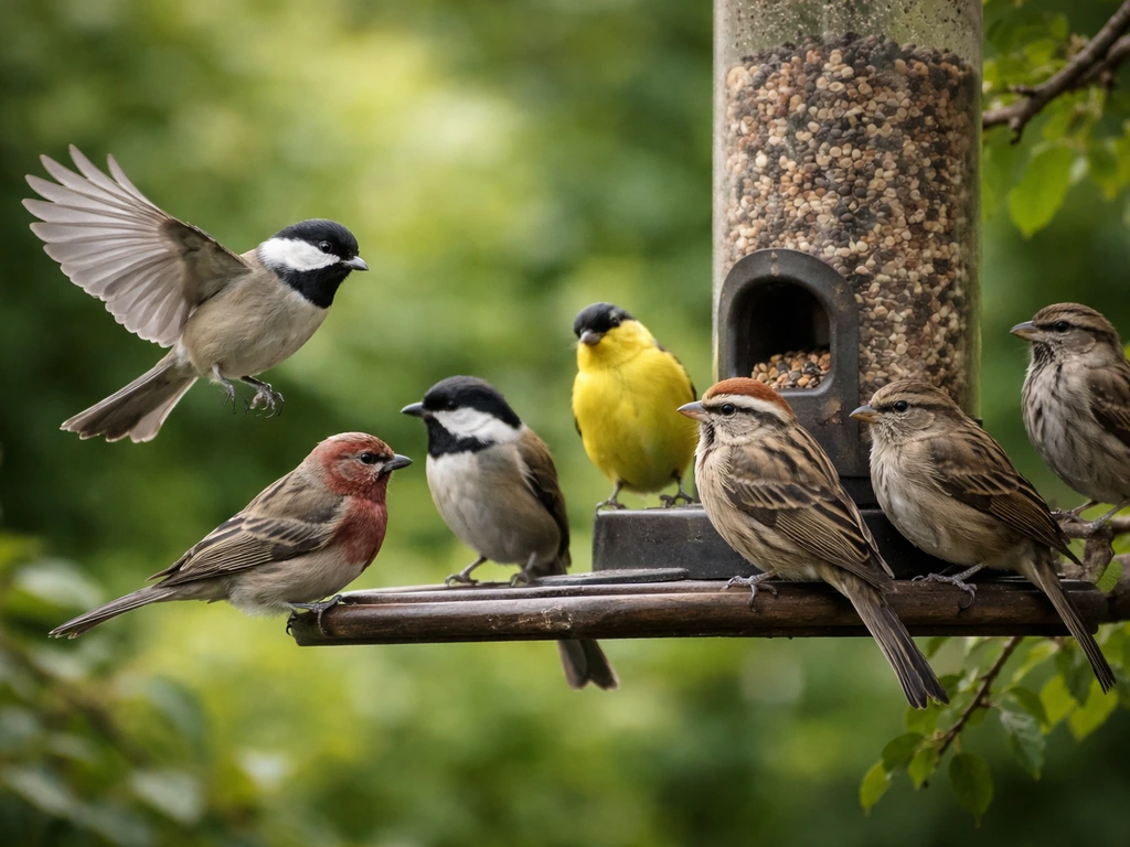 Several small songbirds perched near a bird feeder as one new bird lands