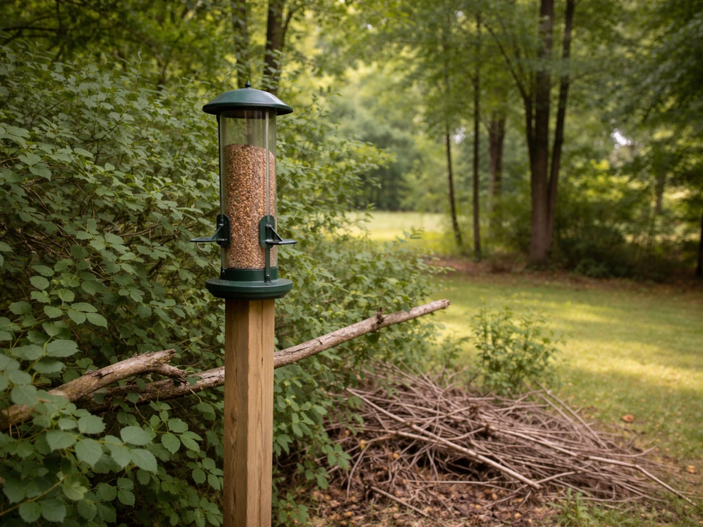 Bird feeder on a post beside shrubs and nearby perches, with clear sightlines toward trees.