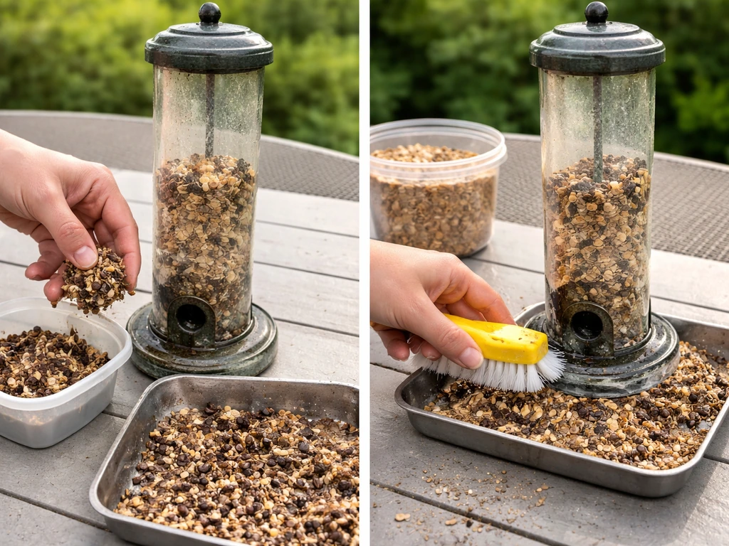 Hand scrubs a bird seed feeder after removing wet/moldy seed, with dry seed nearby on a patio table.
