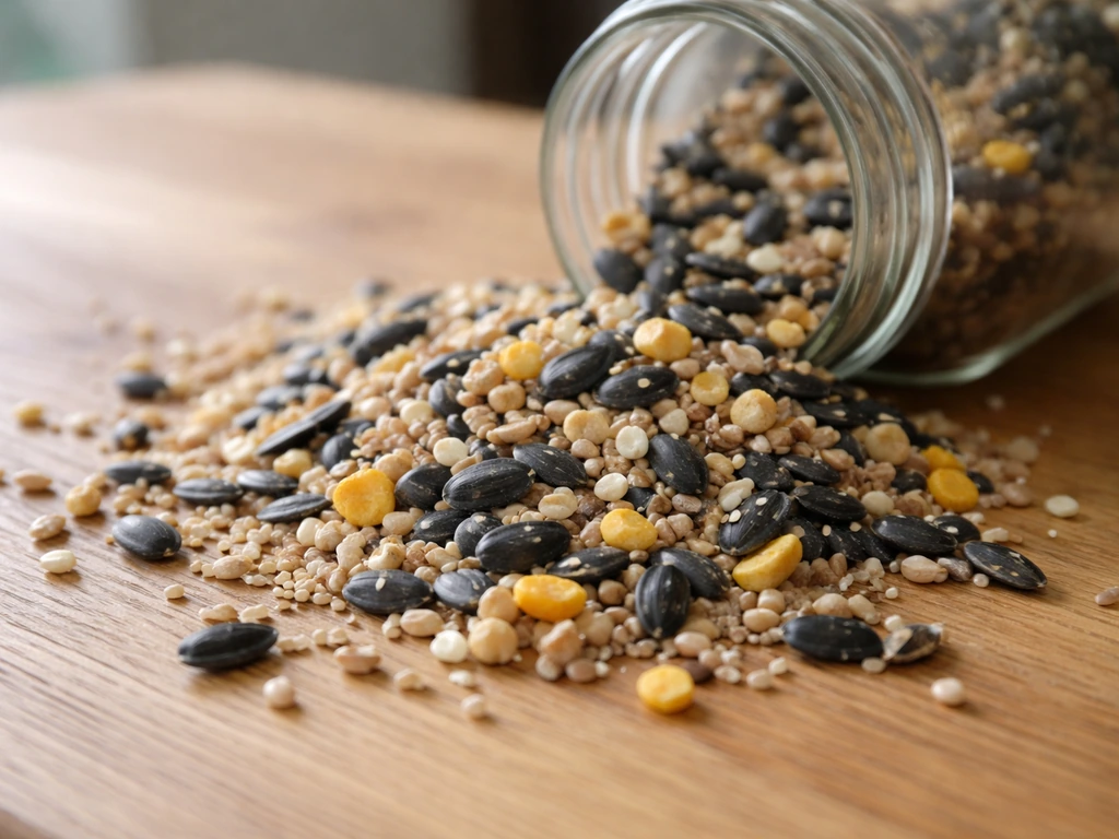 Close-up of black sunflower seeds, millet, and cracked corn mixed on a wooden table in natural light.