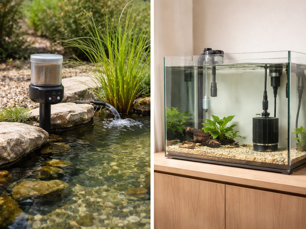 Split photo: outdoor pond with feeder and indoor aquarium with filtration tubing, side-by-side.